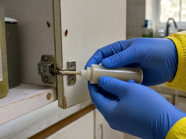 Aplicação de gel inseticida na dobradiça de armário de cozinha para controle de baratas